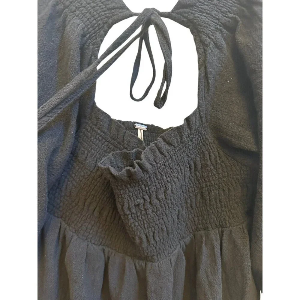 Free People Smocked Mini Dress This Is Everything Black Boho Sz‎ Medium NEW